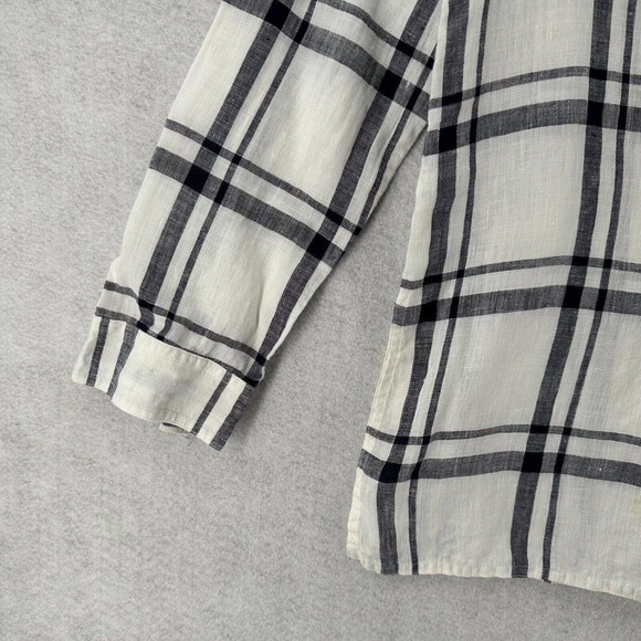 Talbots Collection Blouse Womens 4 Ivory & Black Plaid Button Up 100% Linen Top - Picture 5 of 14